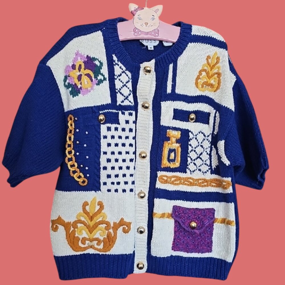 Vintage Rare Russ Women Cardigan Knitted embellished lots of details Sweater  M